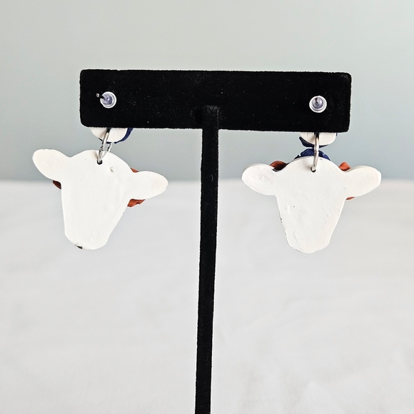 SD Handmade Blue & Burnt Orange Flower Tiara Cow Polymer Clay Dangling Earrings - Picture 5 of 5